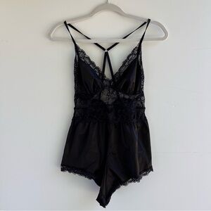 Black Lace Satin Sleepwear Romper